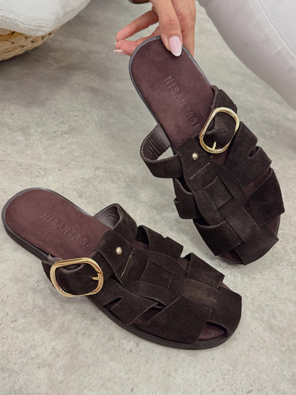 Leather slippers G366 - BROWN